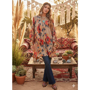 Umgee Boho Floral Lace Trim Tunic Dress 1XL